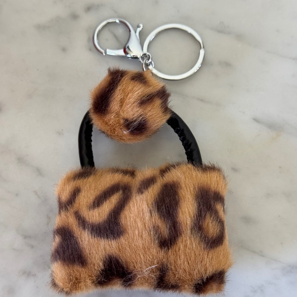 Leopard Print Faux Fur Mini Handbag Keychain Pom Pom Bag Charm Silver Tone Clasp